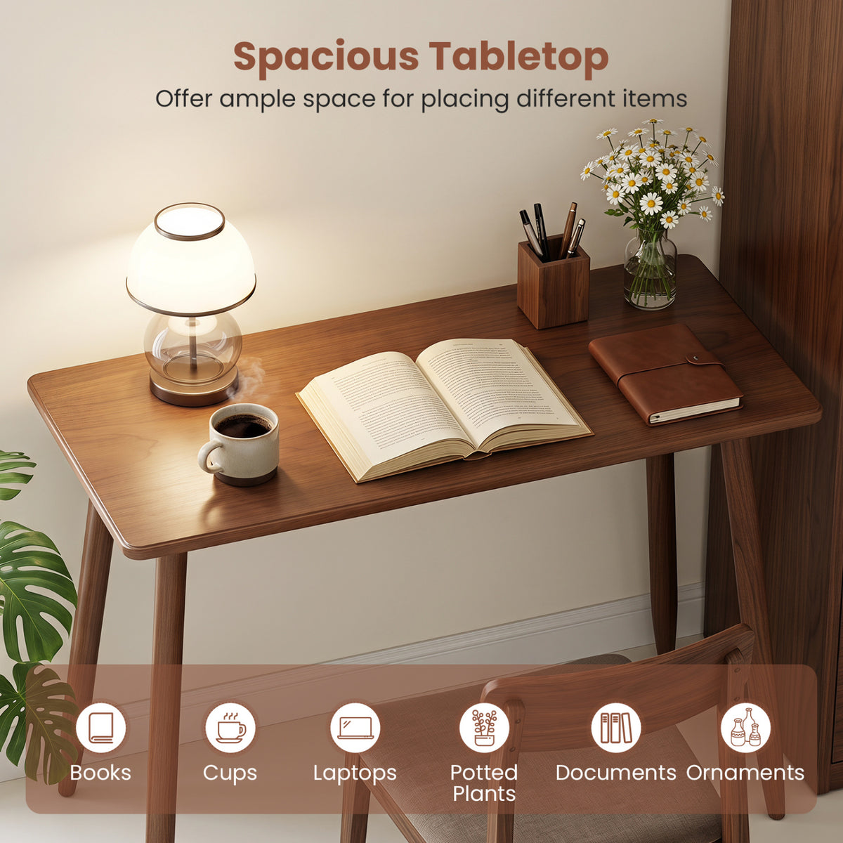 Computer Desk with Rubber Wood Legs Wooden Writing Desk with Spacious Tabletop-Walnut