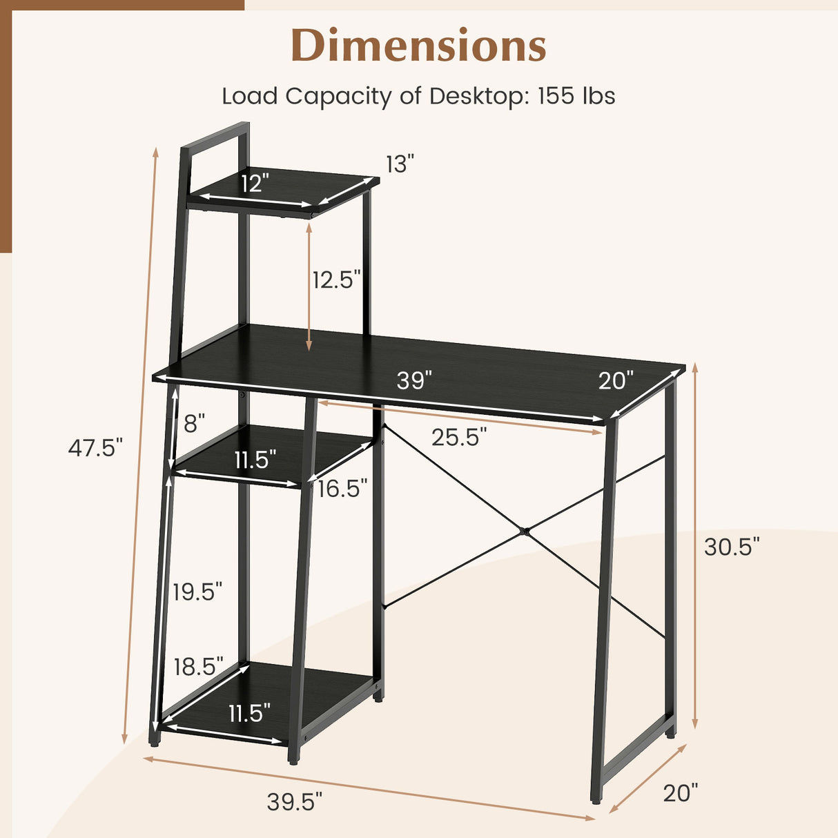 Computer Desk with Shelves and 3-Tier Storage Bookshelf-Black