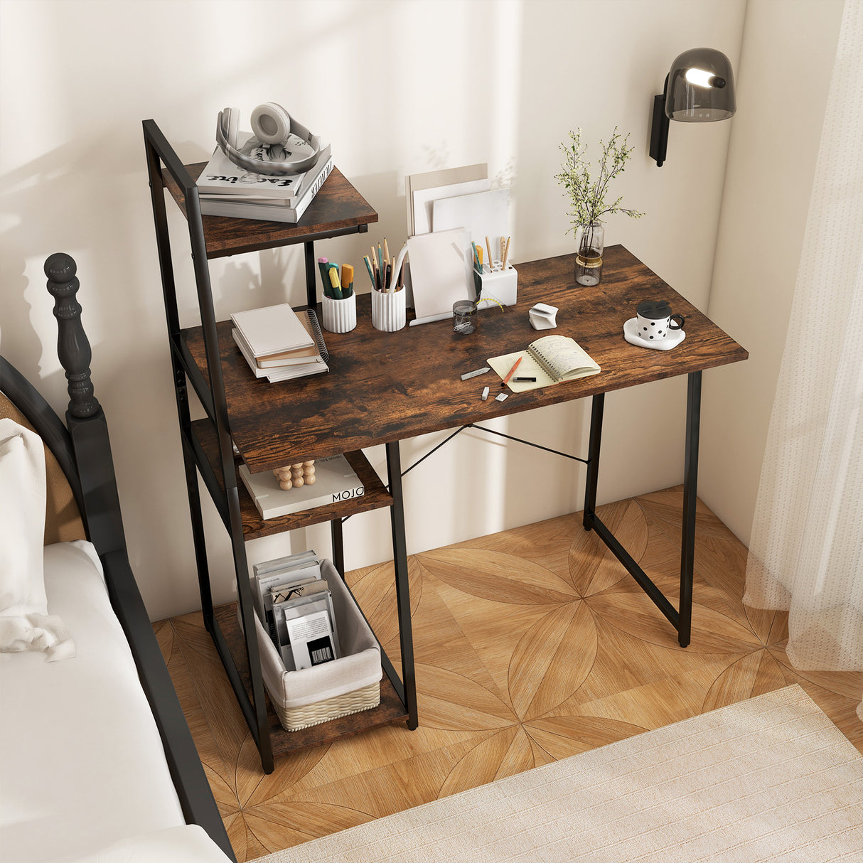 Compact Computer Desk Workstation with 4 Tier Shelves for Home and Office-Natural