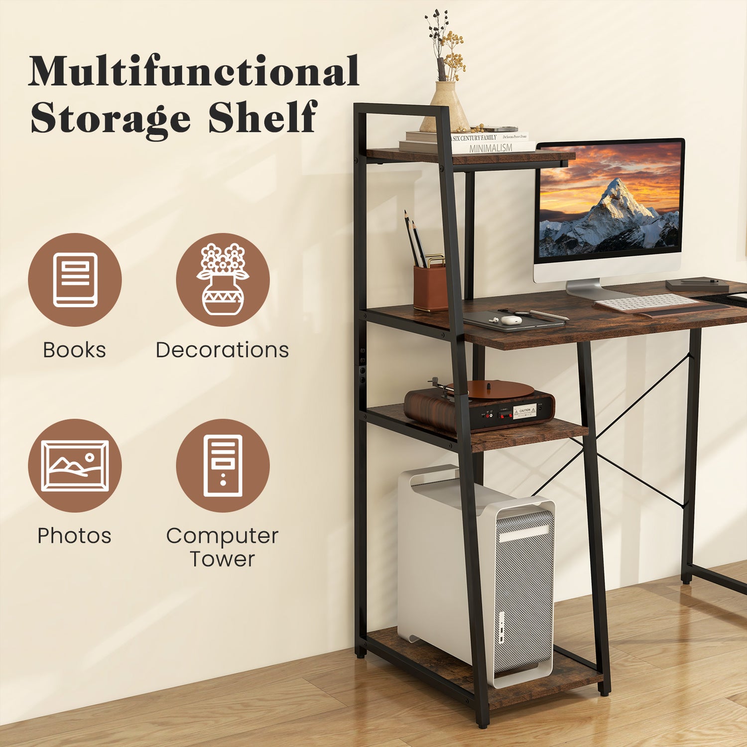 Compact Computer Desk Workstation with 4 Tier Shelves for Home and Office-Natural