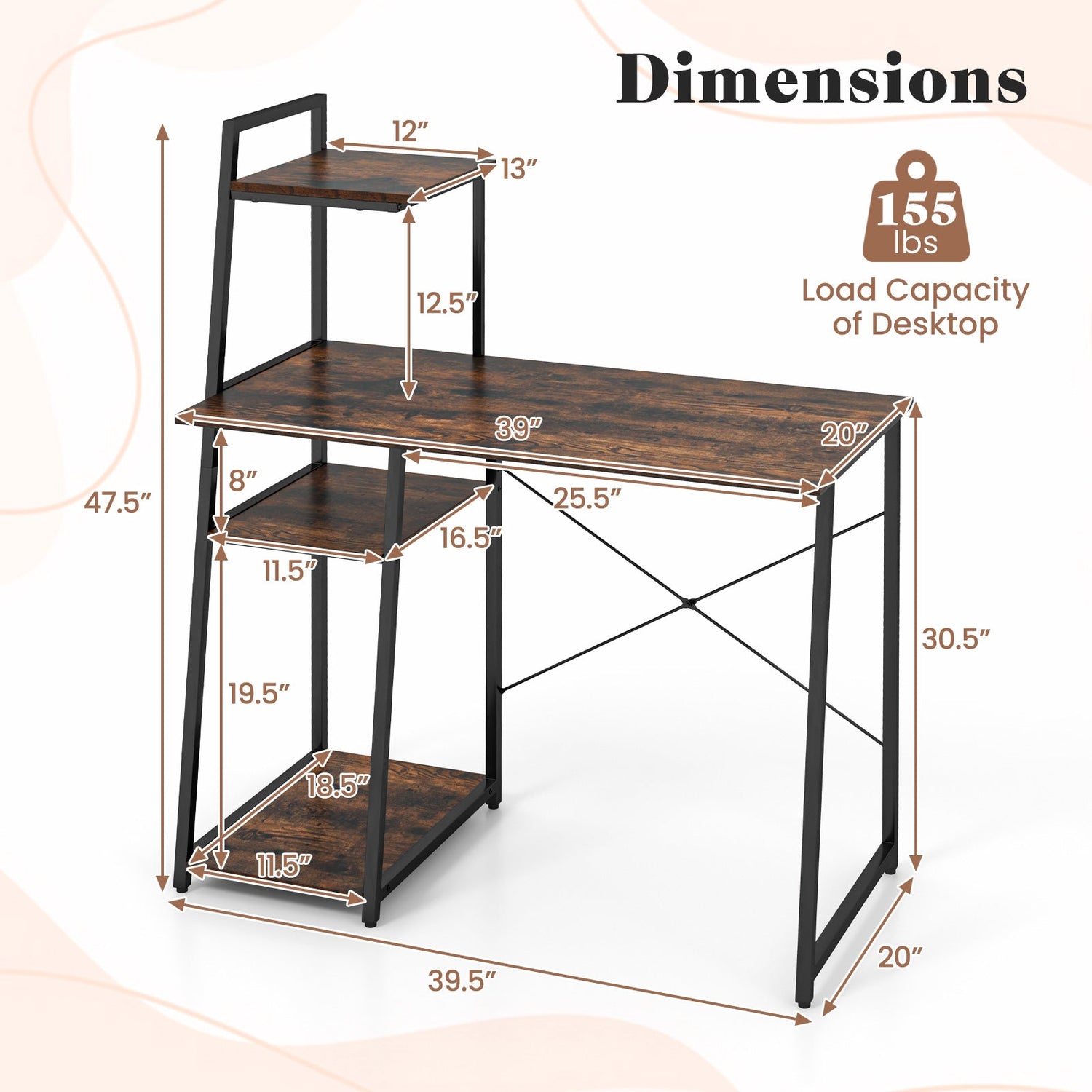 Computer Desk with Shelves and 3-Tier Storage Bookshelf-Brown