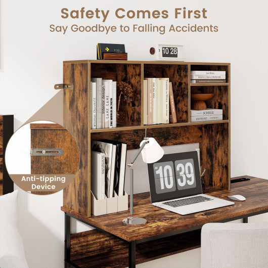 Computer Desktop Bookcase with 4 Cubbies and Open Back Compartment-Coffee