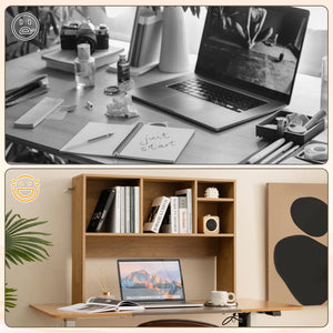 Computer Desktop Bookcase with 4 Cubbies and Open Back Compartment-Natural