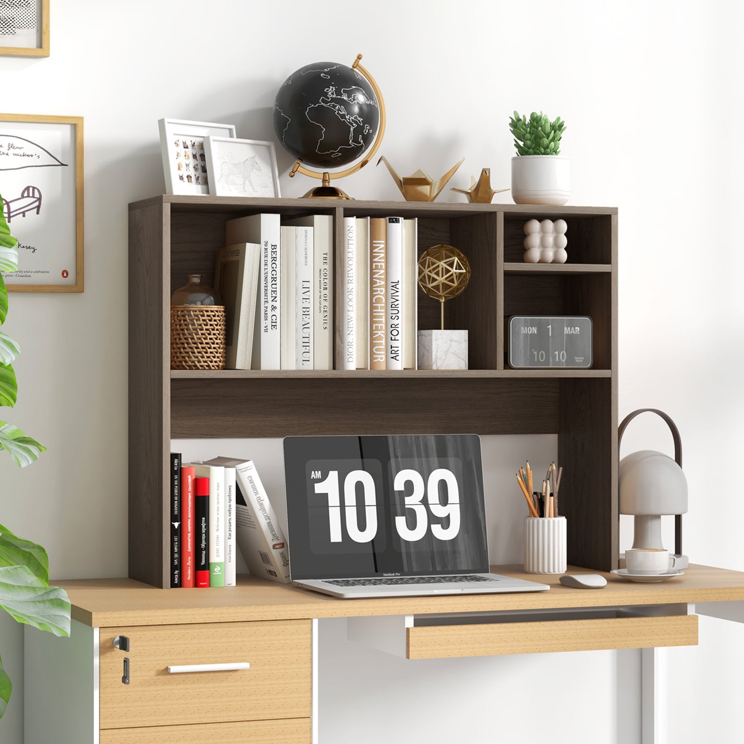 Computer Desktop Bookcase with 4 Cubbies and Open Back Compartment-Gray