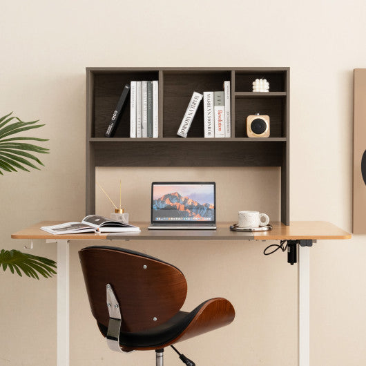 Computer Desktop Bookcase with 4 Cubbies and Open Back Compartment-Gray