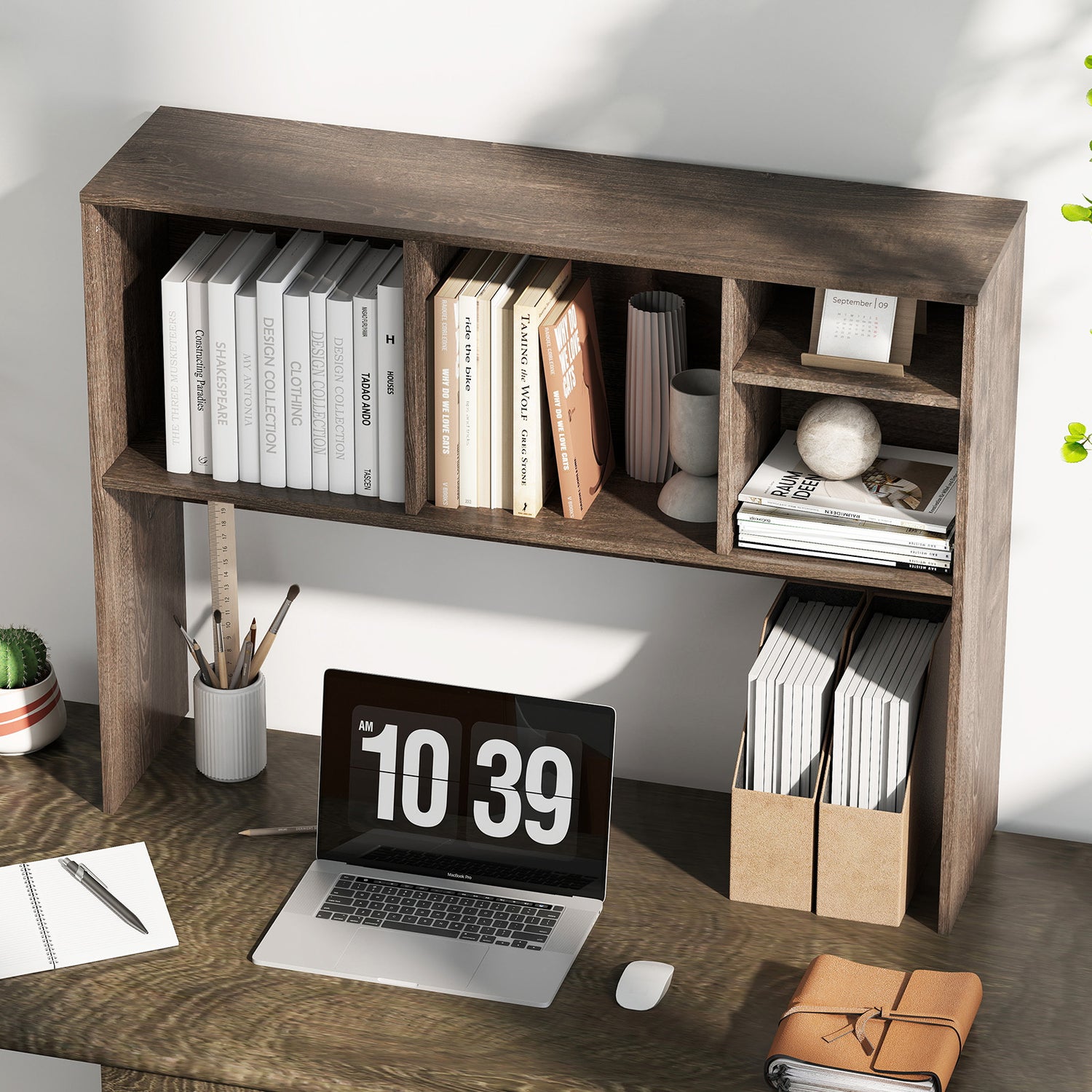 Computer Desktop Bookcase with 4 Cubbies and Open Back Compartment-Gray