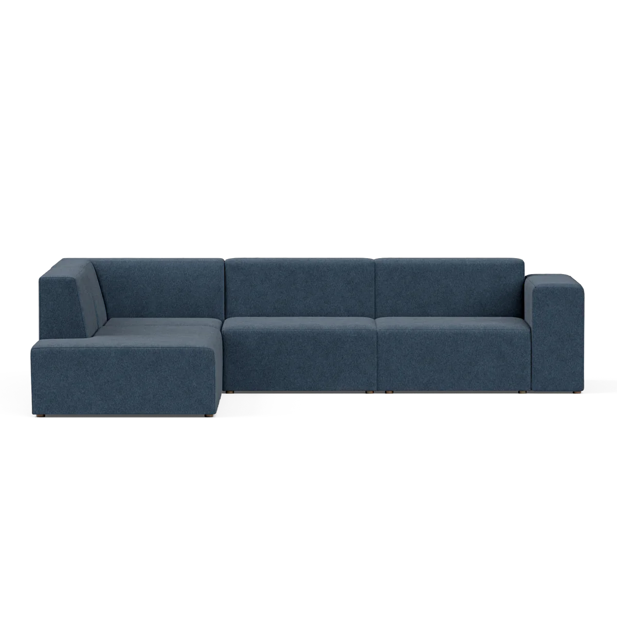A contemporary sectional sofa called the Four-Seater Form Sectional, featuring a sleek design in navy blue with three interconnected seats and a left-side chaise lounge, set against a plain white background. The design boasts clean lines and minimalist aesthetics.