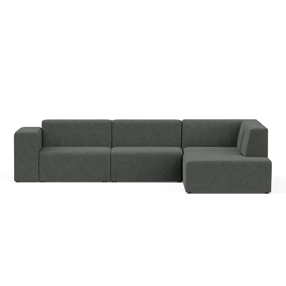 A contemporary Four-Seater Form Sectional in a dark green hue, showcasing clean lines and a minimalist aesthetic, placed against a plain black backdrop. The sectional includes three main sections, featuring an extended right-side chaise.