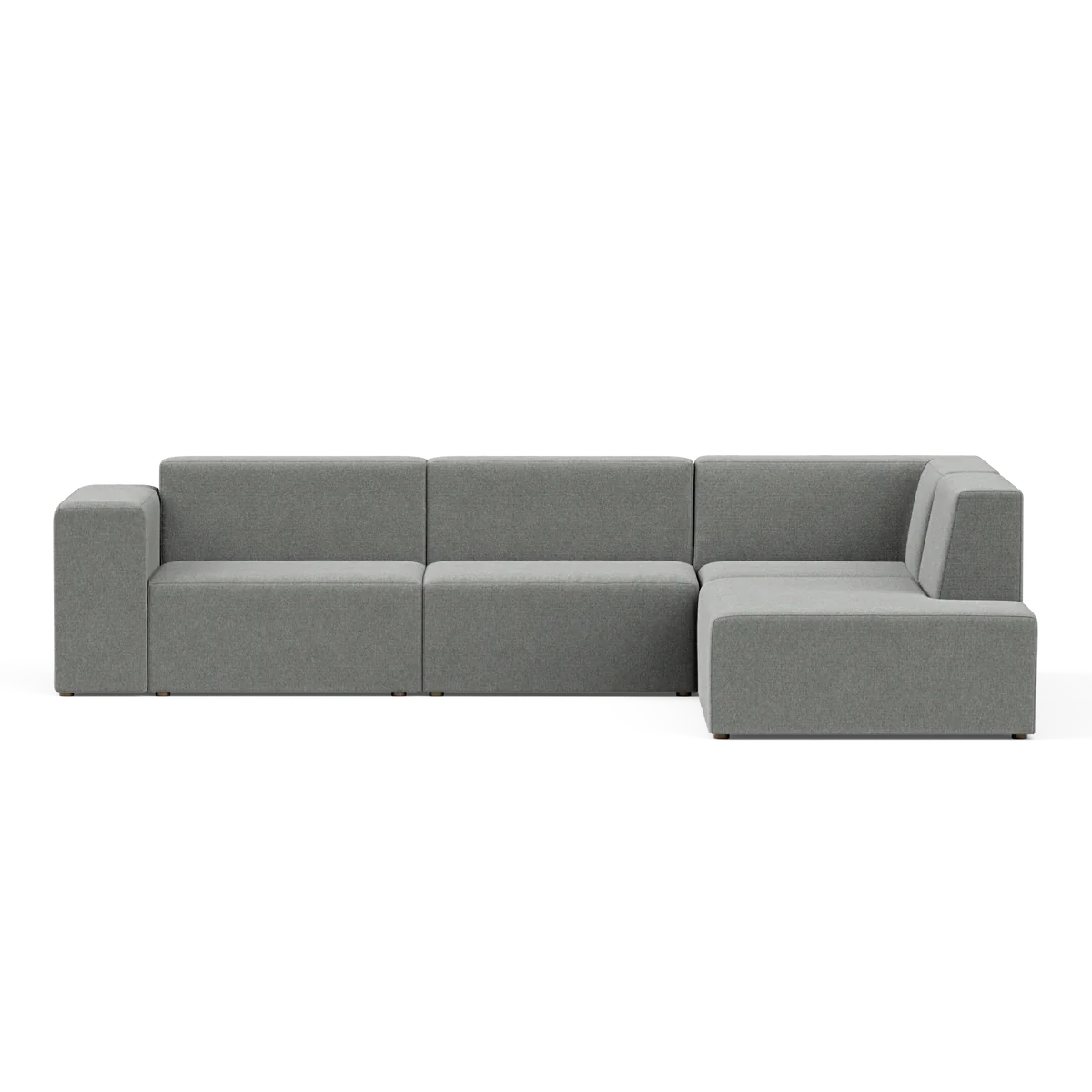 The Four-Seater Form Sectional is a contemporary gray sofa with a minimalist design, characterized by clean lines and square cushions. It includes a right-side chaise, offering plenty of seating space.