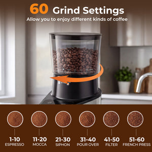 Conical Burr Coffee Grinder with 60 Precise Grinding Settings and Digital Display-Silver