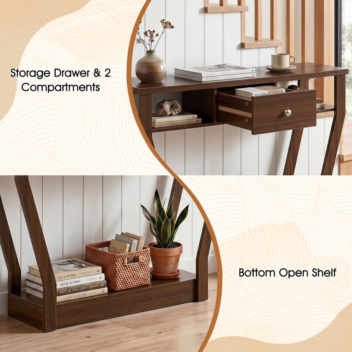 Console Hall Table with Storage Drawer and Shelf-Walnut