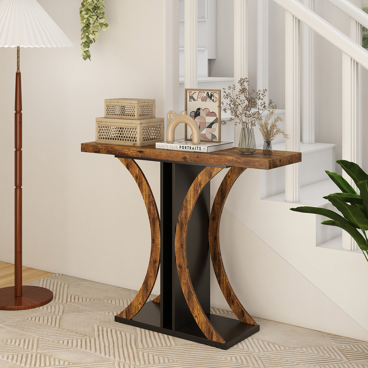 Console Table 39.5 Inch Rectangular Entryway Table with Geometric Frame-Rustic Brown