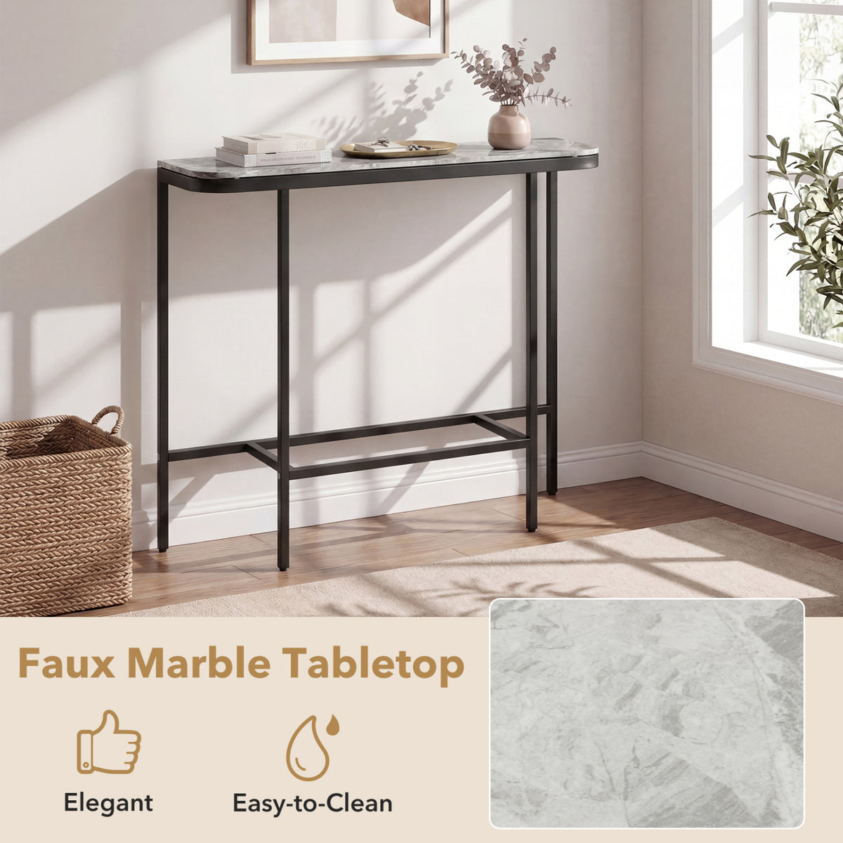 Console Table 44-Inch Entryway Table with Faux Marble Tabletop and Heavy-Duty Metal Frame-Gray