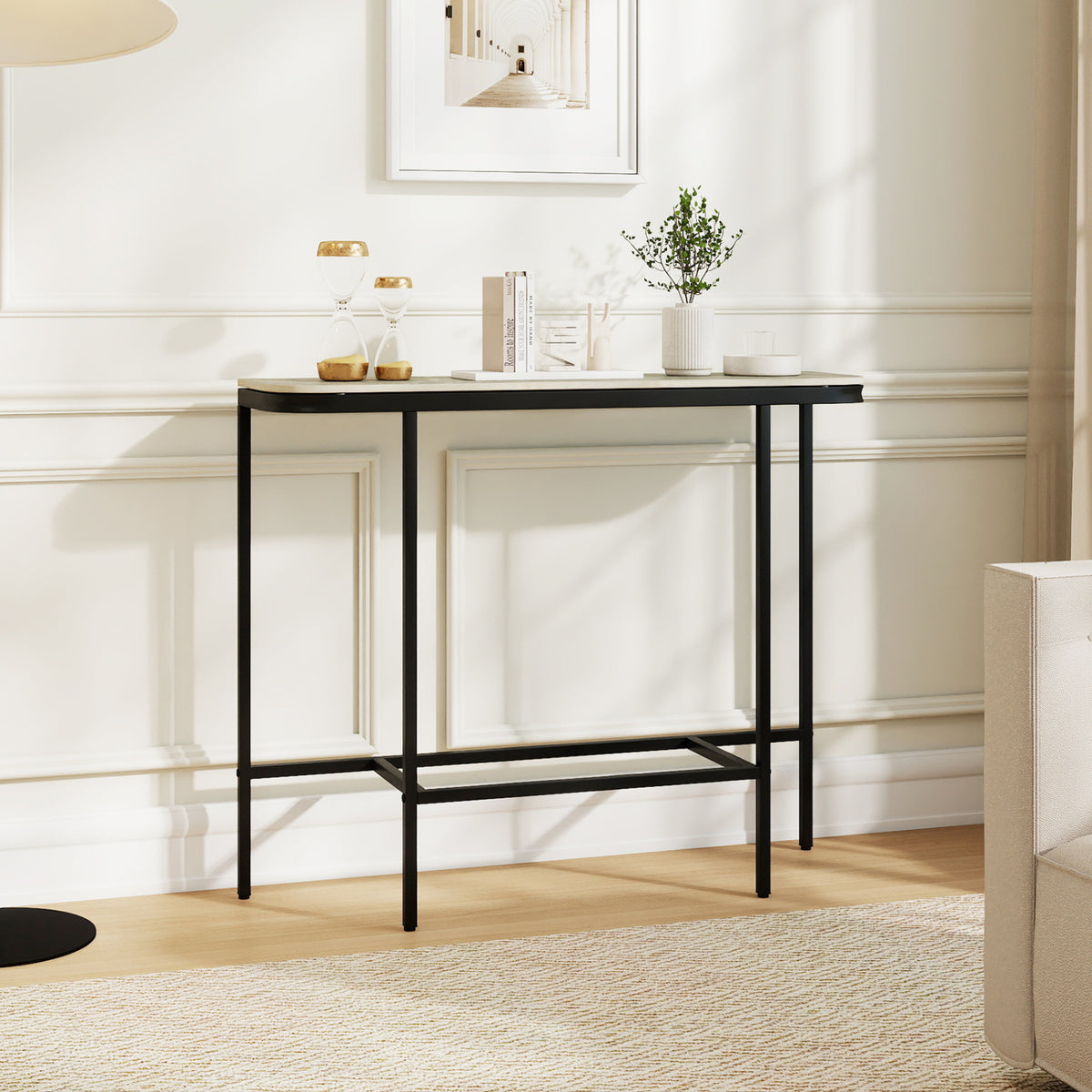 Console Table 44-Inch Entryway Table with Faux Marble Tabletop and Heavy-Duty Metal Frame-Gray