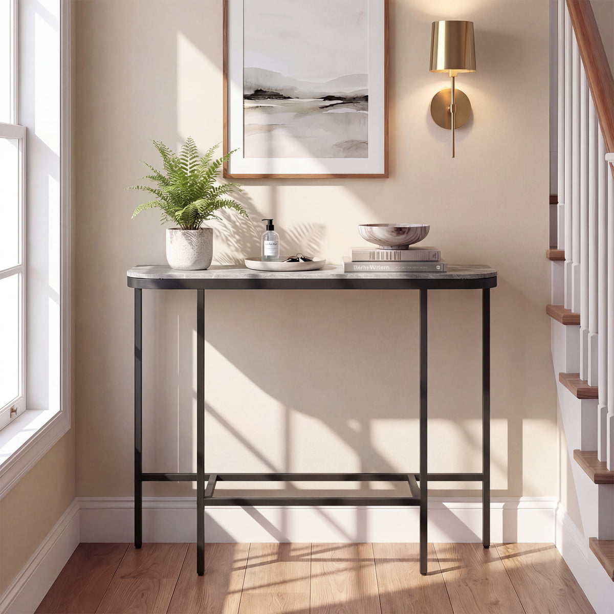 Console Table 44-Inch Entryway Table with Faux Marble Tabletop and Heavy-Duty Metal Frame-Gray