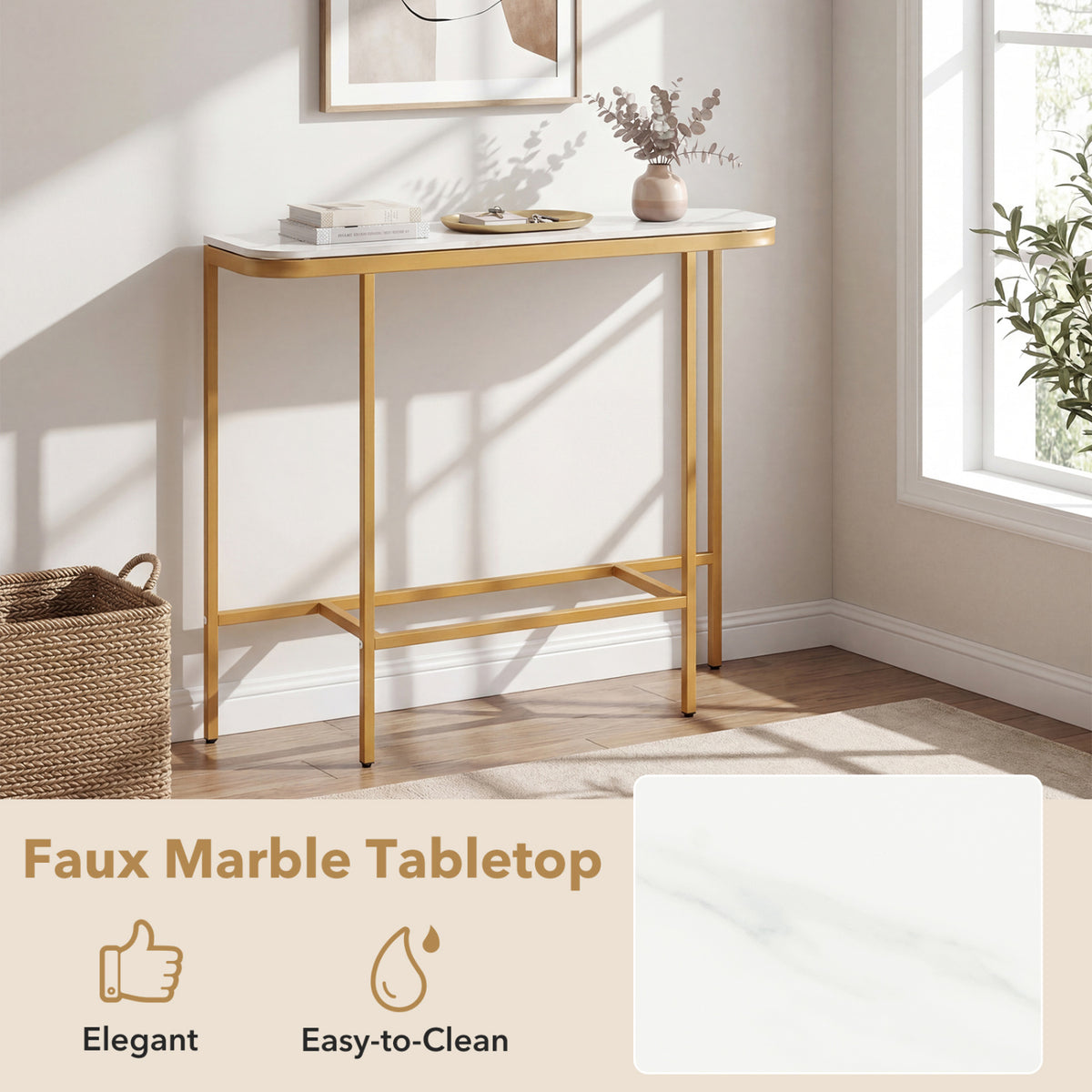 Console Table 44-Inch Entryway Table with Faux Marble Tabletop and Heavy-Duty Metal Frame-White
