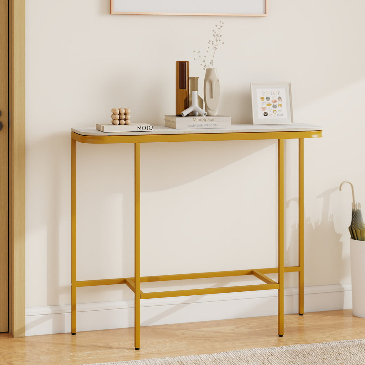 Console Table 44-Inch Entryway Table with Faux Marble Tabletop and Heavy-Duty Metal Frame-White
