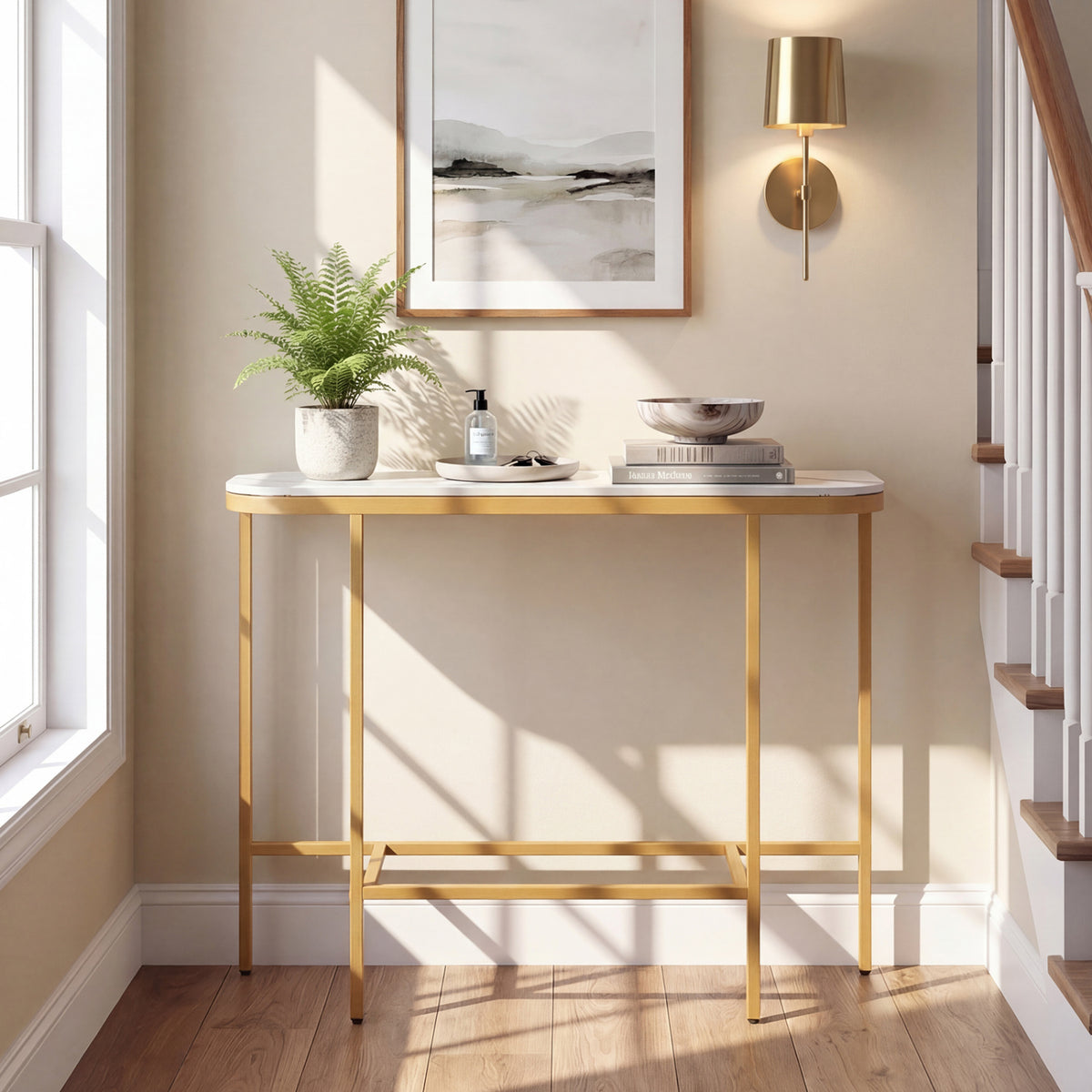 Console Table 44-Inch Entryway Table with Faux Marble Tabletop and Heavy-Duty Metal Frame-White