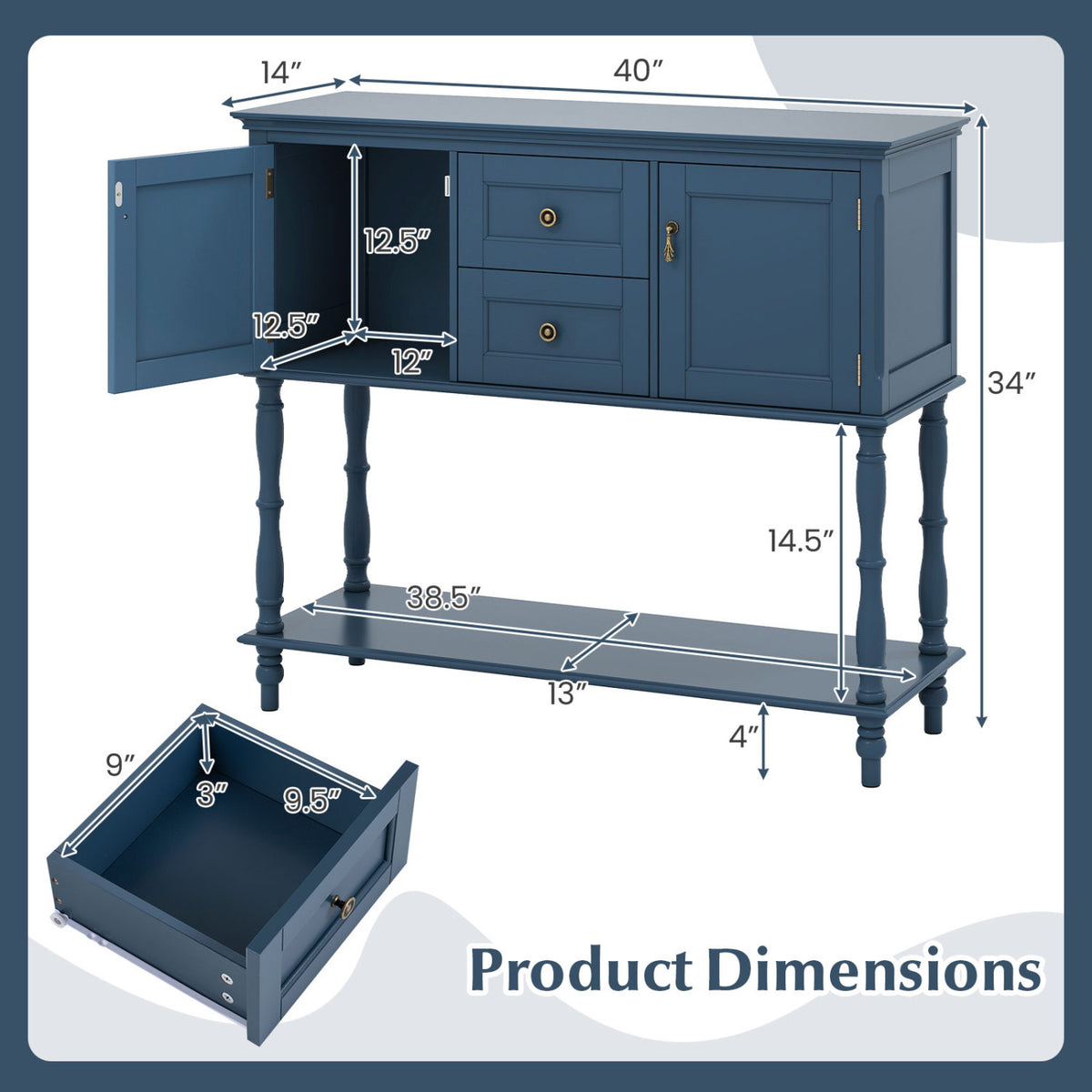 Console Table with 2 Drawers and 2 Door Cabinets and Bottom Storage Shelf-Blue