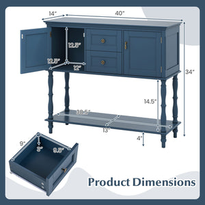 Console Table with 2 Drawers and 2 Door Cabinets and Bottom Storage Shelf-Blue