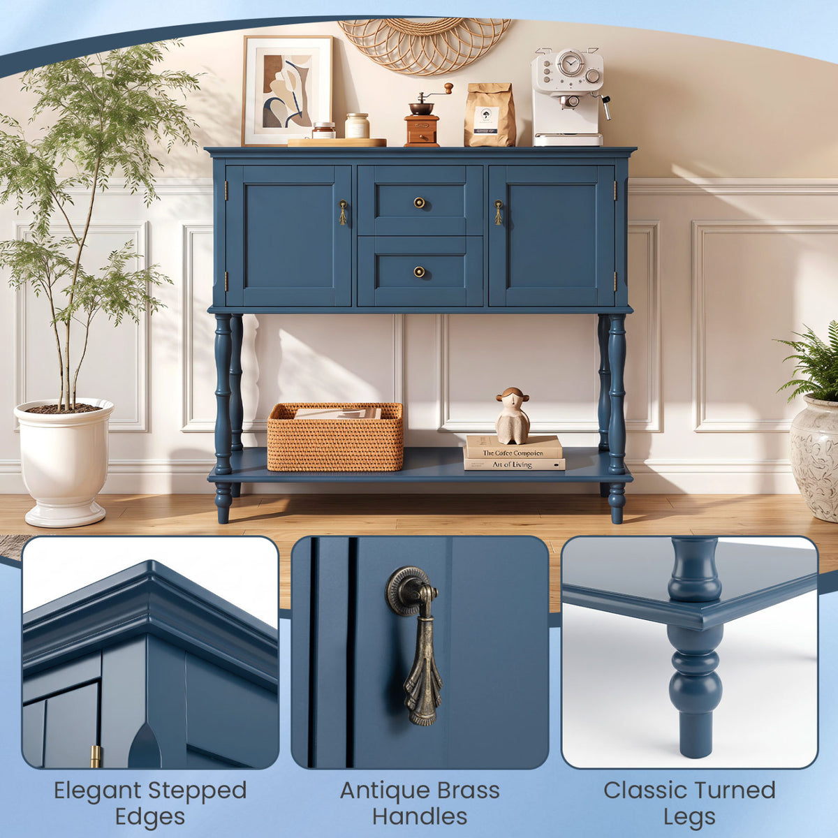 Console Table with 2 Drawers and 2 Door Cabinets and Bottom Storage Shelf-Blue