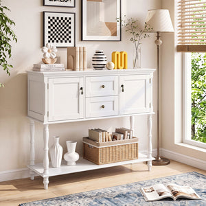 Console Table with 2 Drawers and 2 Door Cabinets and Bottom Storage Shelf-White