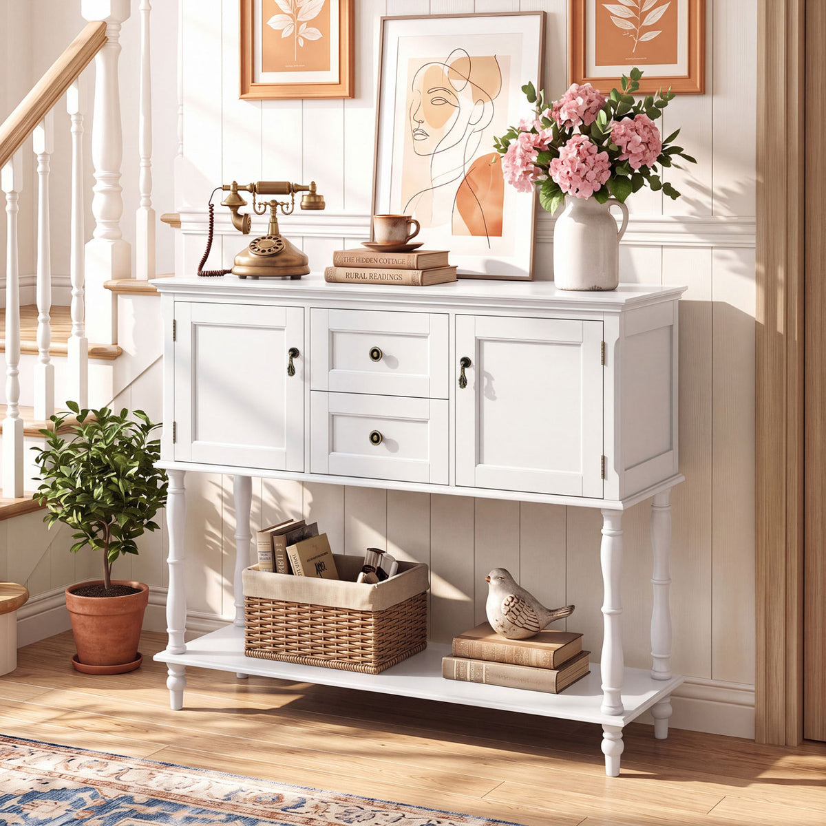 Console Table with 2 Drawers and 2 Door Cabinets and Bottom Storage Shelf-White