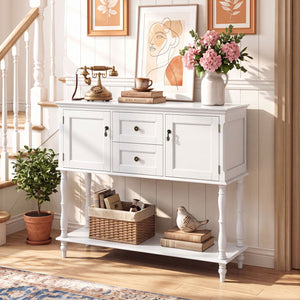 Console Table with 2 Drawers and 2 Door Cabinets and Bottom Storage Shelf-White