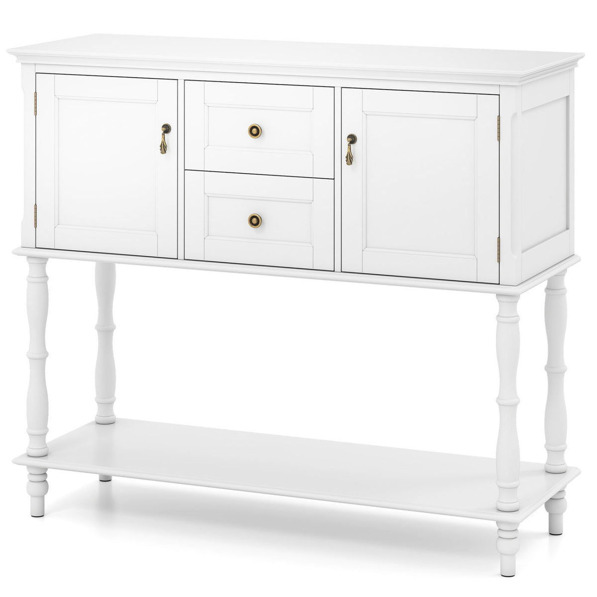 Console Table with 2 Drawers and 2 Door Cabinets and Bottom Storage Shelf-White