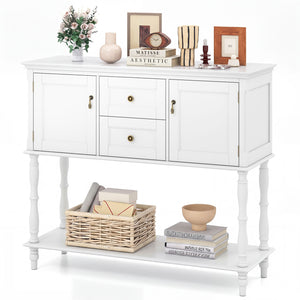 Console Table with 2 Drawers and 2 Door Cabinets and Bottom Storage Shelf-White