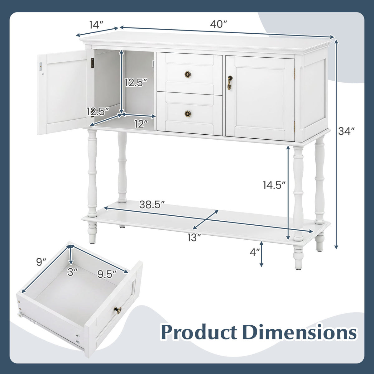 Console Table with 2 Drawers and 2 Door Cabinets and Bottom Storage Shelf-White