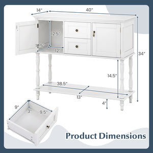 Console Table with 2 Drawers and 2 Door Cabinets and Bottom Storage Shelf-White