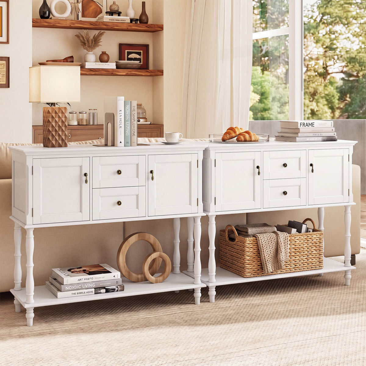 Console Table with 2 Drawers and 2 Door Cabinets and Bottom Storage Shelf-White