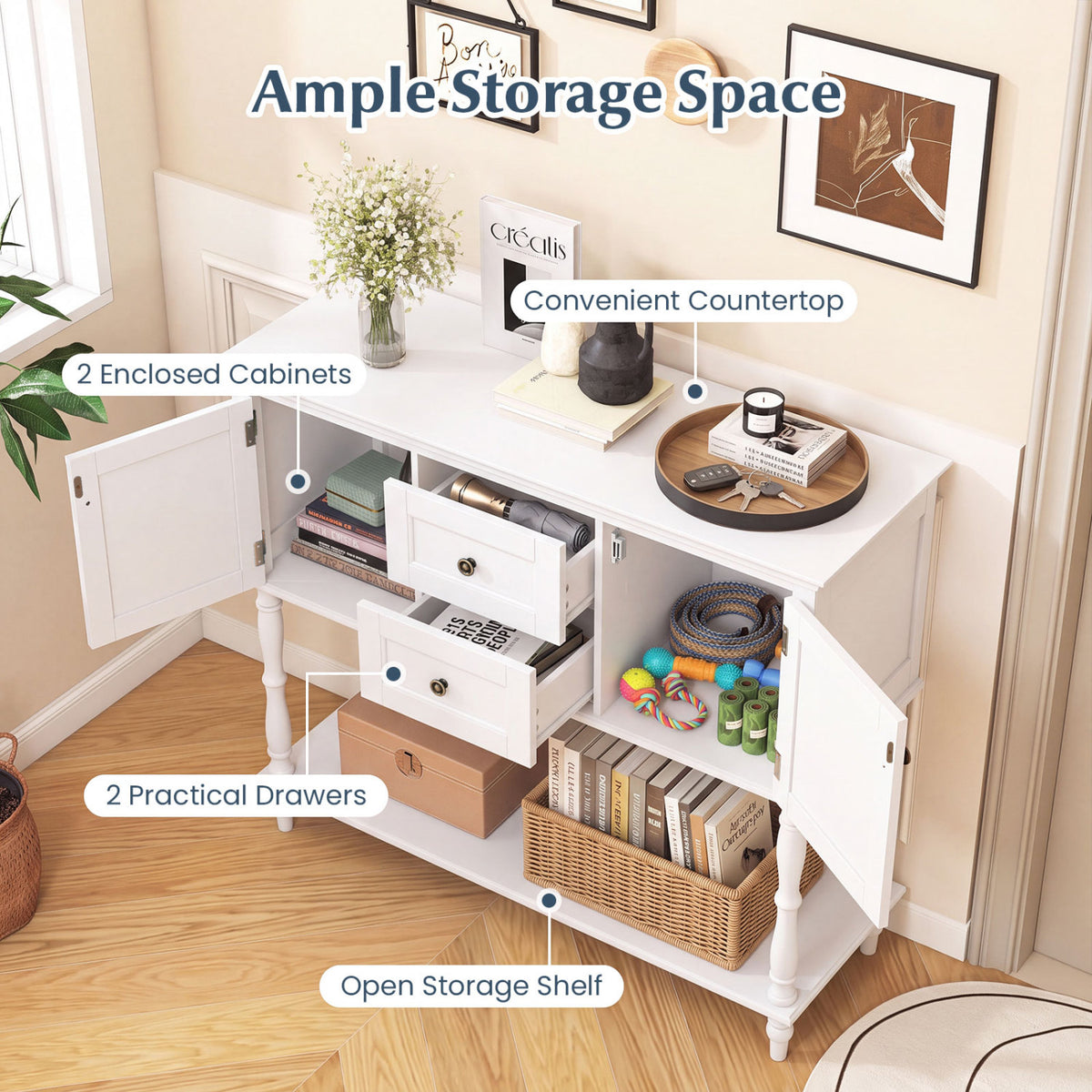 Console Table with 2 Drawers and 2 Door Cabinets and Bottom Storage Shelf-White