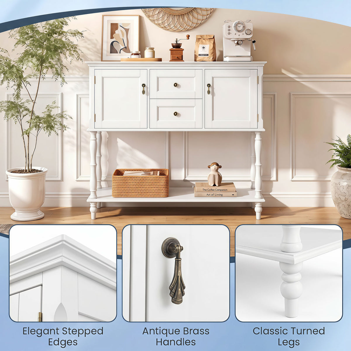 Console Table with 2 Drawers and 2 Door Cabinets and Bottom Storage Shelf-White
