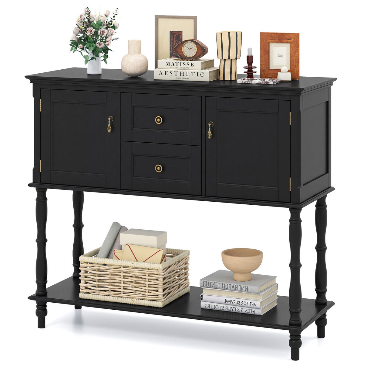 Console Table with 2 Drawers and 2 Door Cabinets and Bottom Storage Shelf-Black