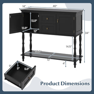 Console Table with 2 Drawers and 2 Door Cabinets and Bottom Storage Shelf-Black
