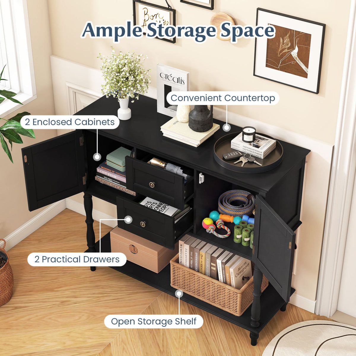 Console Table with 2 Drawers and 2 Door Cabinets and Bottom Storage Shelf-Black