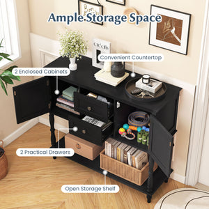 Console Table with 2 Drawers and 2 Door Cabinets and Bottom Storage Shelf-Black