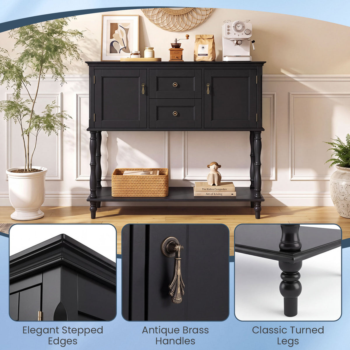 Console Table with 2 Drawers and 2 Door Cabinets and Bottom Storage Shelf-Black