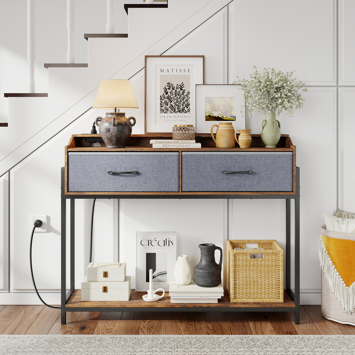 Console Table with Charging Station 110 cm Narrow Entryway Table with 2 Drawers and Shelves-Rustic Brown