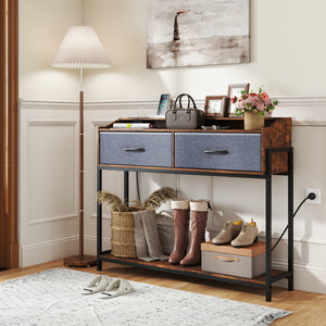 Console Table with Charging Station 110 cm Narrow Entryway Table with 2 Drawers and Shelves-Rustic Brown
