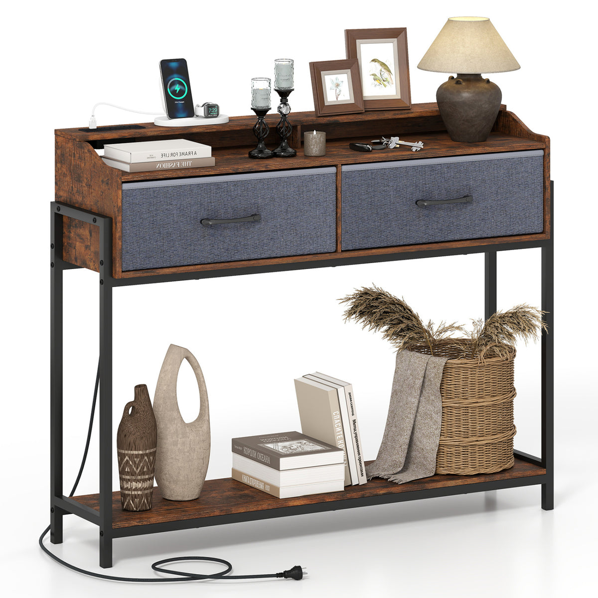 Console Table with Charging Station 110 cm Narrow Entryway Table with 2 Drawers and Shelves-Rustic Brown