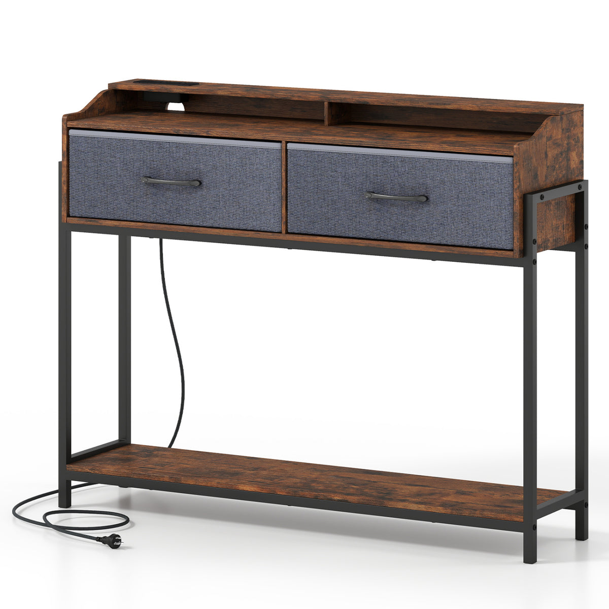 Console Table with Charging Station 110 cm Narrow Entryway Table with 2 Drawers and Shelves-Rustic Brown