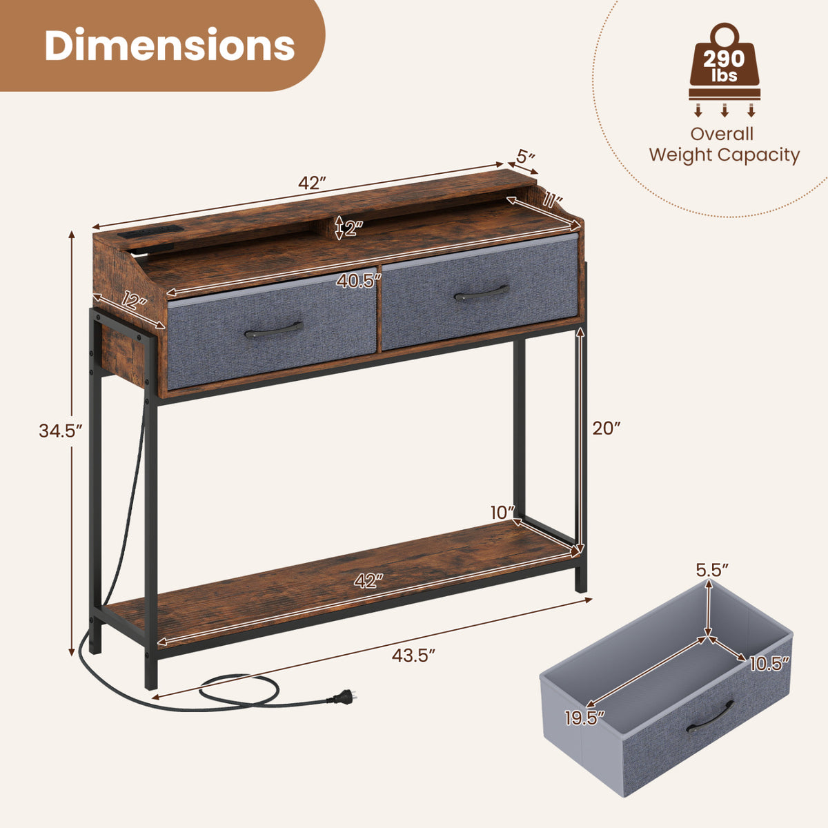 Console Table with Charging Station 110 cm Narrow Entryway Table with 2 Drawers and Shelves-Rustic Brown
