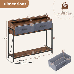 Console Table with Charging Station 110 cm Narrow Entryway Table with 2 Drawers and Shelves-Rustic Brown