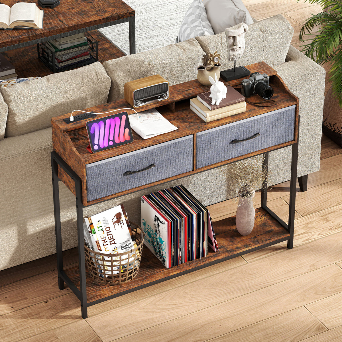 Console Table with Charging Station 110 cm Narrow Entryway Table with 2 Drawers and Shelves-Rustic Brown