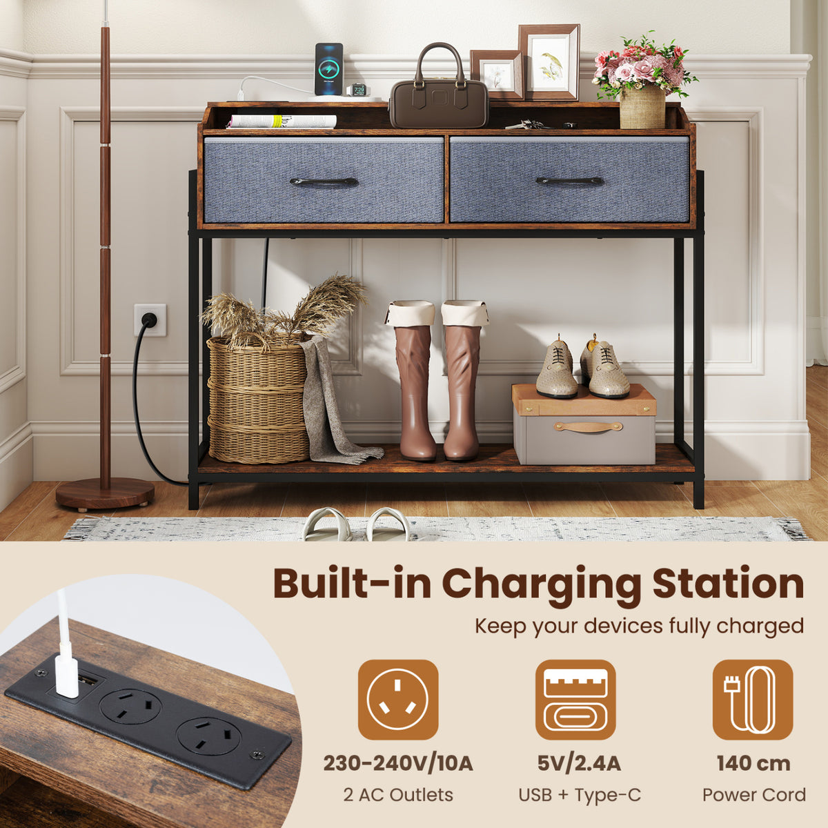 Console Table with Charging Station 110 cm Narrow Entryway Table with 2 Drawers and Shelves-Rustic Brown