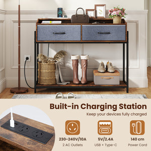 Console Table with Charging Station 110 cm Narrow Entryway Table with 2 Drawers and Shelves-Rustic Brown