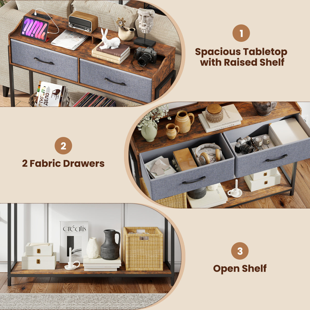 Console Table with Charging Station 110 cm Narrow Entryway Table with 2 Drawers and Shelves-Rustic Brown